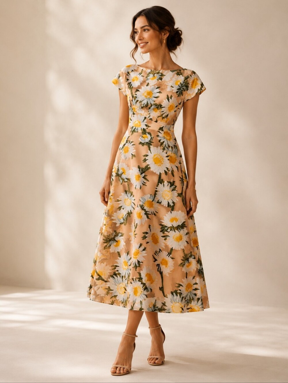 Lela Rose Sunflower Print Beige Midi Dress Boatneck Draped Bodice MSRP $1890 NWT - Picture 3 of 15